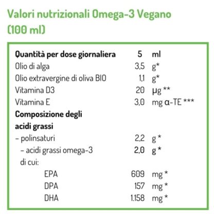 Tabella con i valori nutrizionali dell'olio di alga NORSAN Omega-3 Veganotis con o