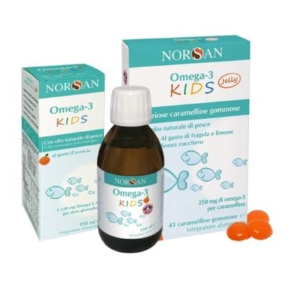 Packshot della NORSAN Omega-3 KIDS Combo, a sinistra bottiglia di Omega-3 KIDS, a destra Omega-3 KIDS Jelly