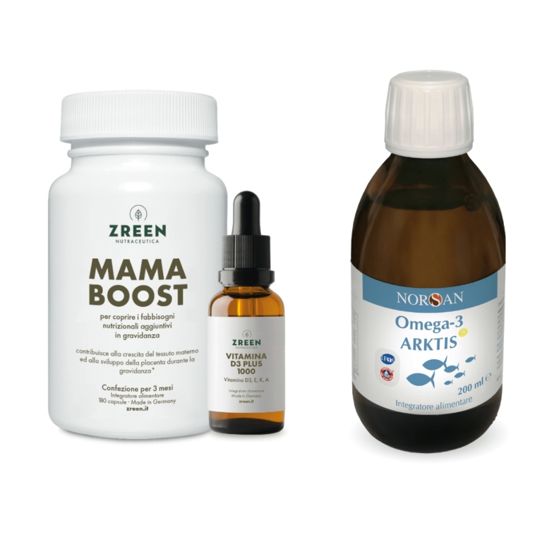 Packshots dei prodotti ZREEN Mama Boost, ZREEN Vitamina D3 Plus 1000 e NORSAN Omega-3 Arktis