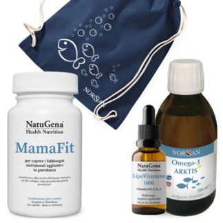 Packshots dei prodotti NatuGena MamaFit, NatuGena LipoVitamine 1000 e NORSAN Omega-3 Arktis, foto di sacca NORSAN con pesciolini