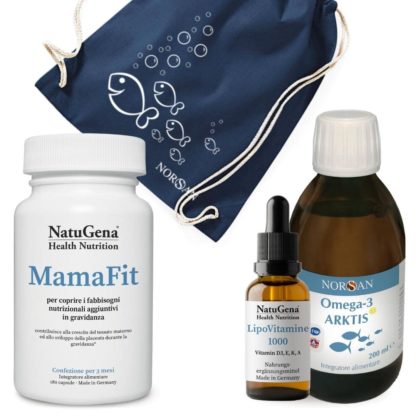 Packshots dei prodotti NatuGena MamaFit, NatuGena LipoVitamine 1000 e NORSAN Omega-3 Arktis, foto di sacca NORSAN con pesciolini