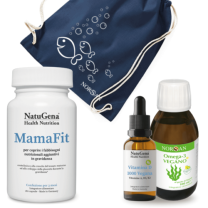 Packshots dei prodotti NatuGena MamaFit, NatuGena Vitamina D 1000 Vegana e NORSAN Omega-3 Vegano, foto di sacca NORSAN con pesciolini