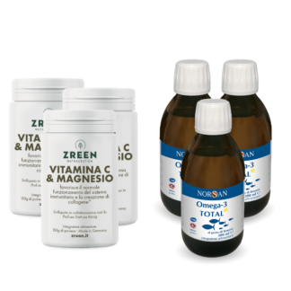 Packshots di 3 prodotti ZREEN Vitamina C e Magnesio e 3 NORSAN Omega-3 Total