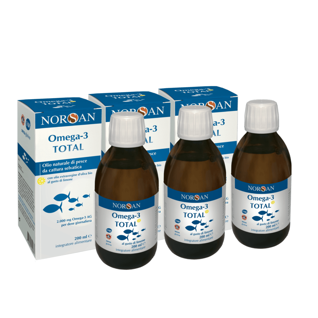 Packshot di 3 bottiglie NORSAN Omega-3 Total