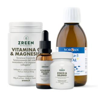 Packshots di ZREEN Vitamina C e Magnesio, ZREEN Vitamina D3 Plus 5000, ZREEN Zinco & Selenio e NORSAN Omega-3 Total