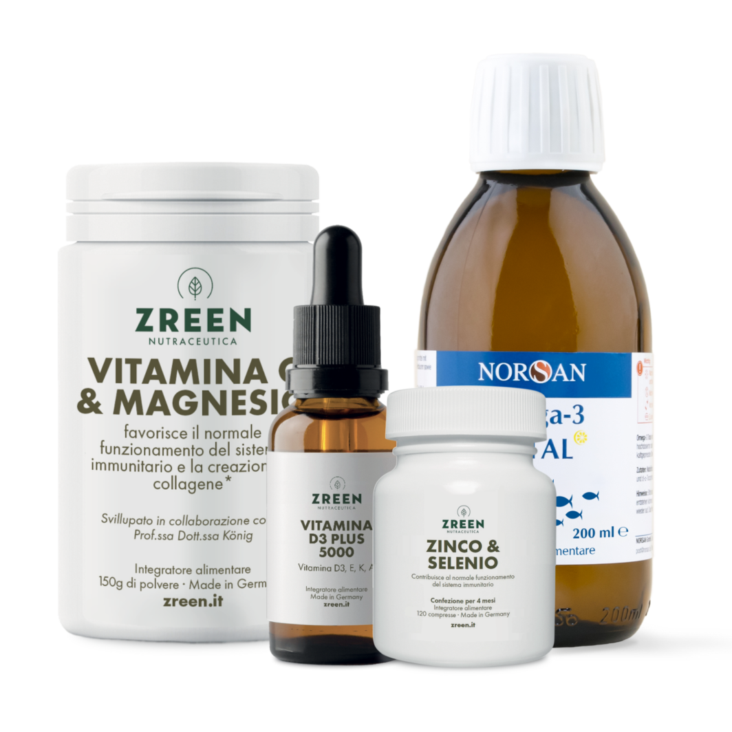 Packshots di ZREEN Vitamina C e Magnesio, ZREEN Vitamina D3 Plus 5000, ZREEN Zinco & Selenio e NORSAN Omega-3 Total