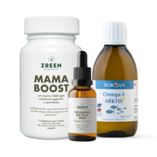 Packshots dei prodotti ZREEN Mama Boost, ZREEN Vitamina D3 Plus 1000 e NORSAN Omega-3 Arktis