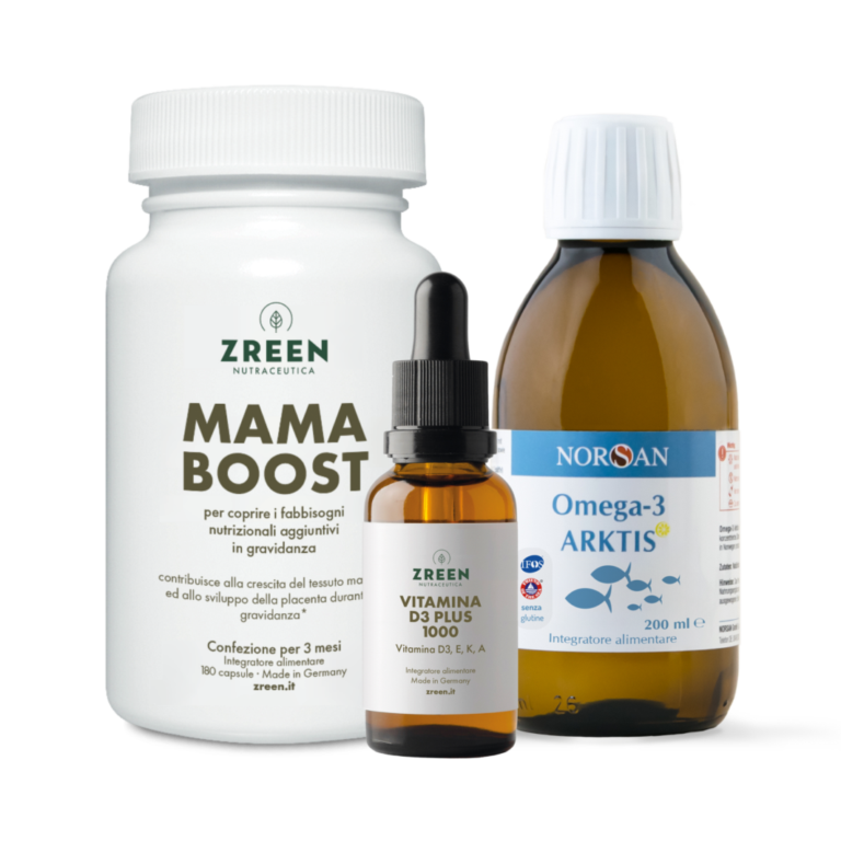 Packshots dei prodotti ZREEN Mama Boost, ZREEN Vitamina D3 Plus 1000 e NORSAN Omega-3 Arktis