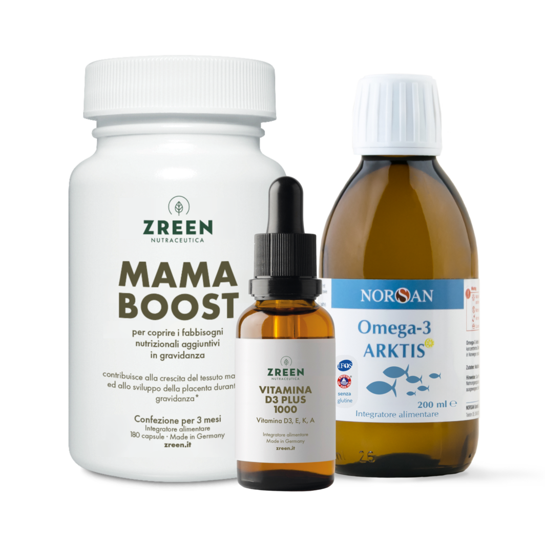 Packshots dei prodotti ZREEN Mama Boost, ZREEN Vitamina D3 Plus 1000 e NORSAN Omega-3 Arktis