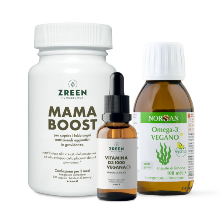 Packshots dei prodotti ZREEN Mama Boost, ZREEN Vitamina D3 1000 Vegana e NORSAN Omega-3 vegano