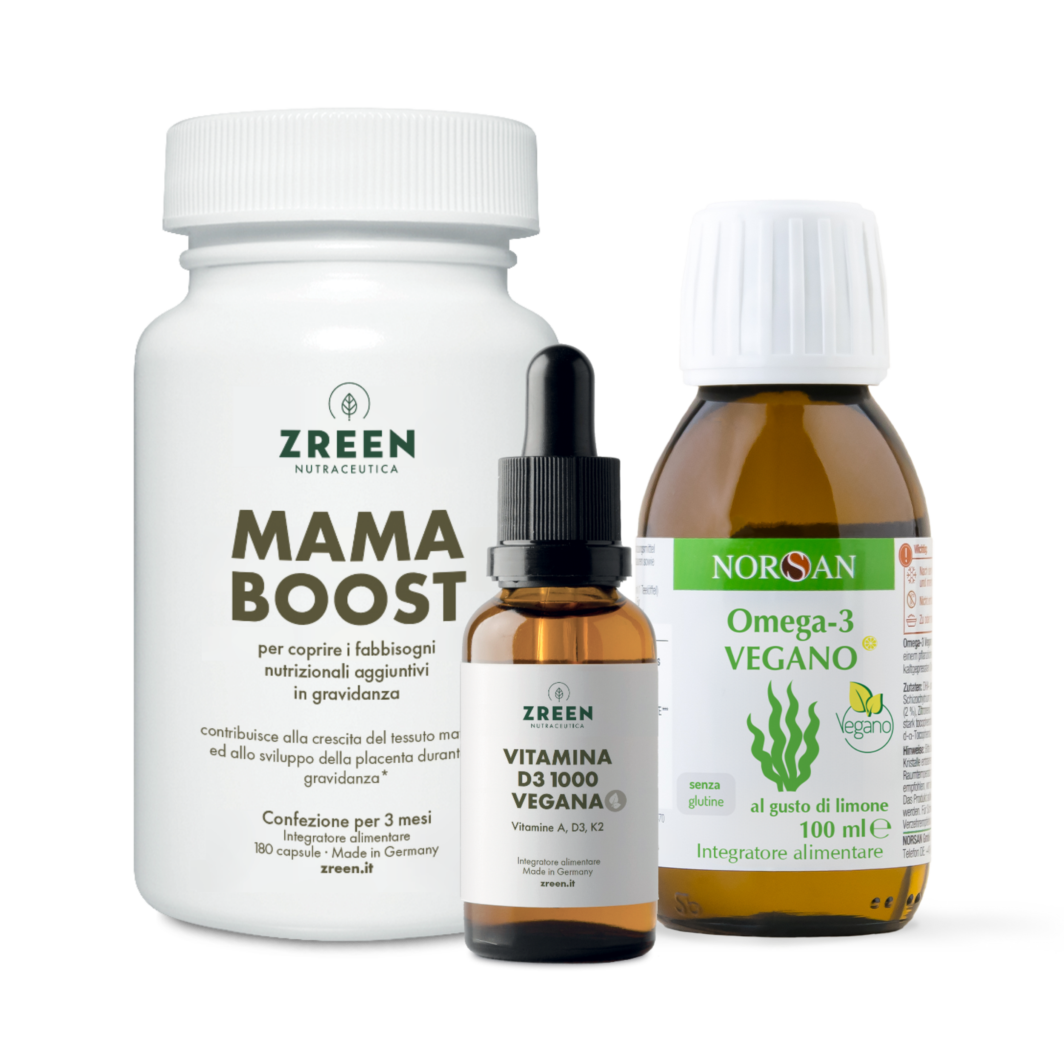 Packshots dei prodotti ZREEN Mama Boost, ZREEN Vitamina D3 1000 Vegana e NORSAN Omega-3 vegano