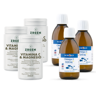 Packshots di 3 prodotti ZREEN Vitamina C e Magnesio e 3 NORSAN Omega-3 Total
