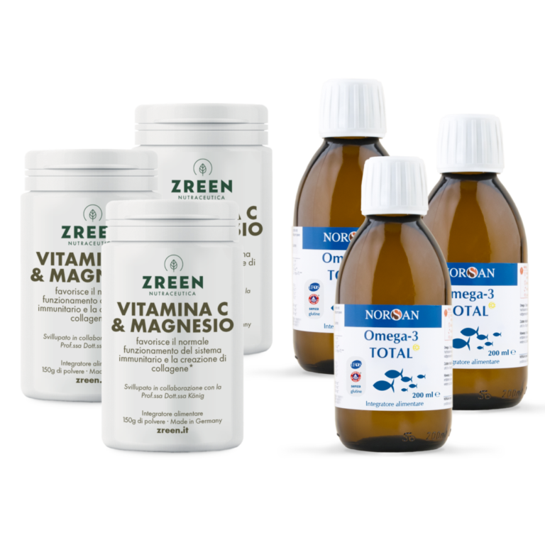Packshots di 3 prodotti ZREEN Vitamina C e Magnesio e 3 NORSAN Omega-3 Total