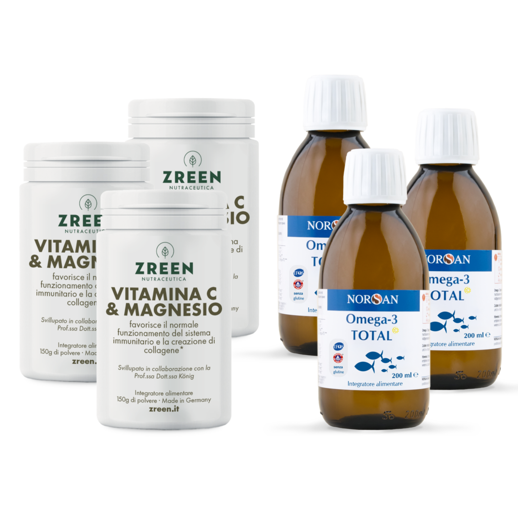 Packshots di 3 prodotti ZREEN Vitamina C e Magnesio e 3 NORSAN Omega-3 Total