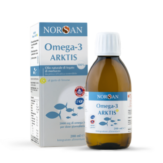 Packshot di NORSAN Omega-3 Arktis Olio di fegato di merluzzo liquido, a sinistra la scatola, a destra la bottiglia
