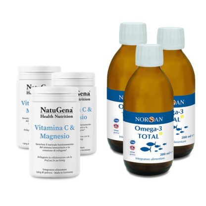 Packshots di 3 prodotti NatuGena Vitamina C e Magnesio e 3 NORSAN Omega-3 Total