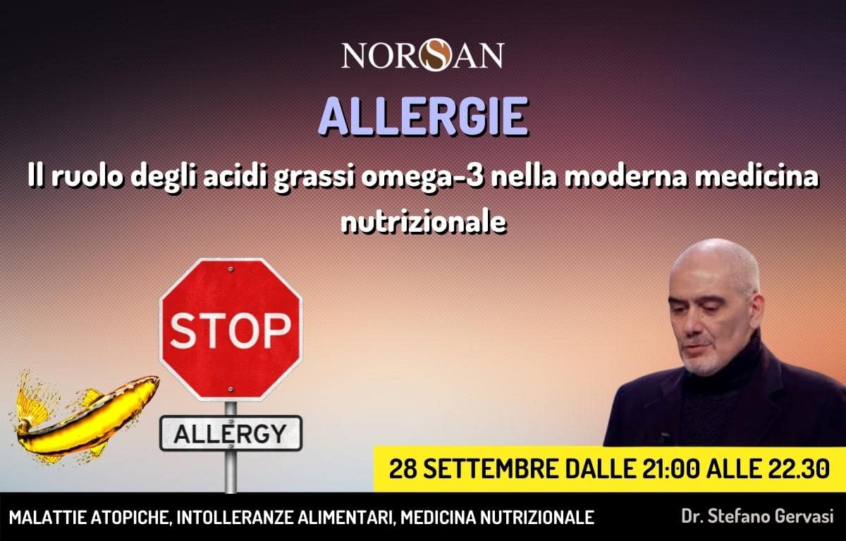 Copertina webinar sulle allergie con scritte, olio omega-3 giallo a forma di pesce e cartello con scritta stop allergy, e foto del Dr. Gervasi