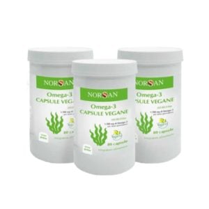 Packshot di 3 confezioni NORSAN Omega-3 Capsule Vegane
