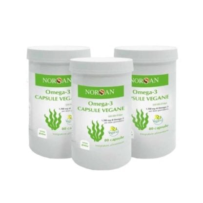 Packshot di 3 confezioni NORSAN Omega-3 Capsule Vegane
