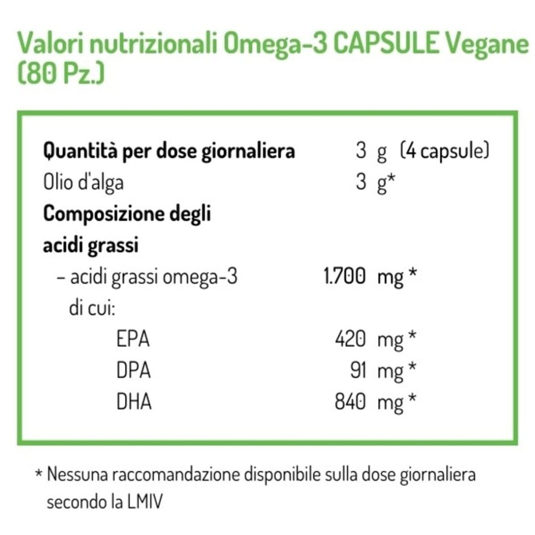 Tabella con i valori nutrizionali delle NORSAN Omega-3 Capsule Vegane con olio di alga