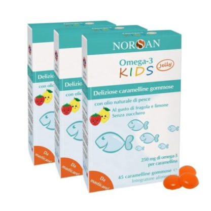 Packshot di 3 confezioni NORSAN Omega-3 KIDS Jelly