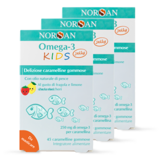 Packshot di 3 confezioni NORSAN Omega-3 KIDS Jelly
