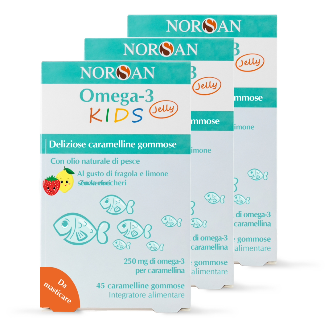 Packshot di 3 confezioni NORSAN Omega-3 KIDS Jelly