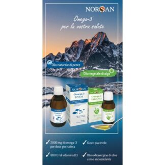 Immagine di copertina flyer NORSAN: Grafica di un paesaggio norvegese con mare e montagna e prodotti omega-3