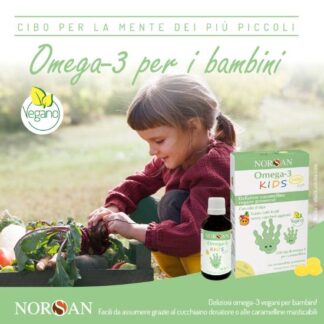 Bambina raccoglie verdure fresche in un orto, accanto a prodotti Omega-3 vegani per bambini.