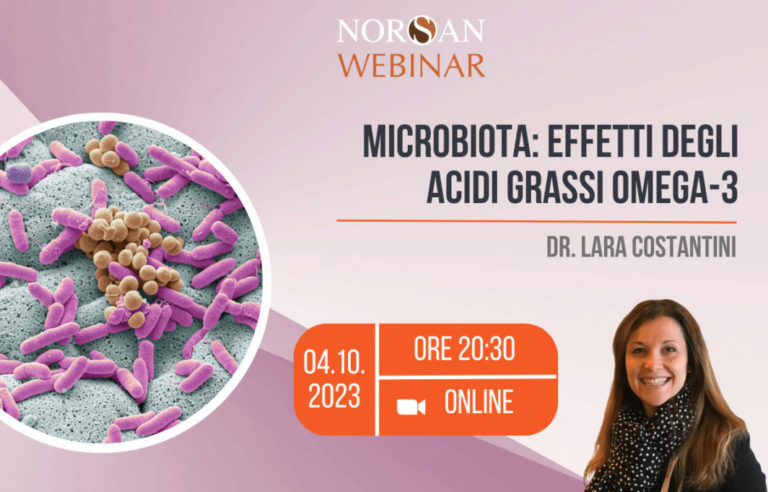 Copertina webinar: microbiota intestinale, info evento e foto profilo della Dr.ssa Lara Costantini