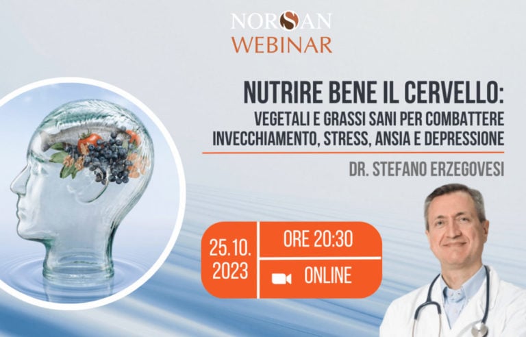 Copertina webinar: testa umana con cibo come cervello, info evento e foto profilo del Dr. Stefano Erzegovesi