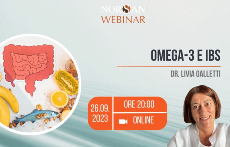 Copertina webinar: disegno intestino, foto di pesce, banana e limone, info evento e foto profilo della Dr. Galletti