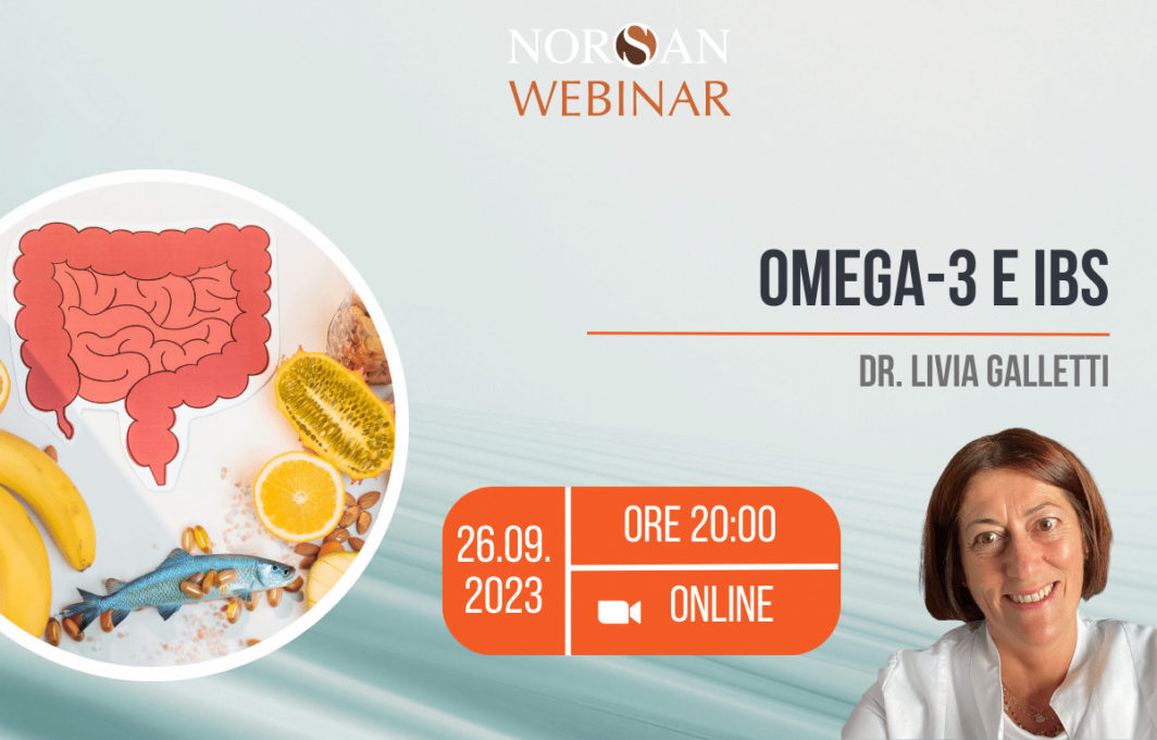 Copertina webinar: disegno intestino, foto di pesce, banana e limone, info evento e foto profilo della Dr. Galletti