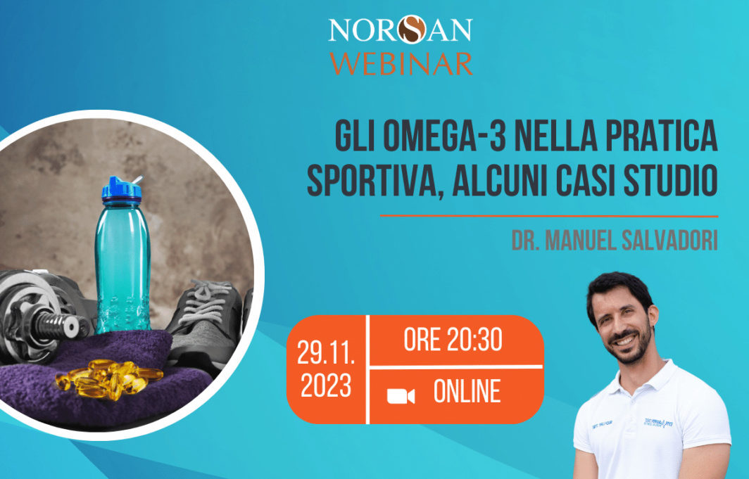 Copertina webinar: Borraccia, manubrio, scarpa sportiva e capsule di omega-3, info evento e foto profilo del Dr. Manuel Salvadori