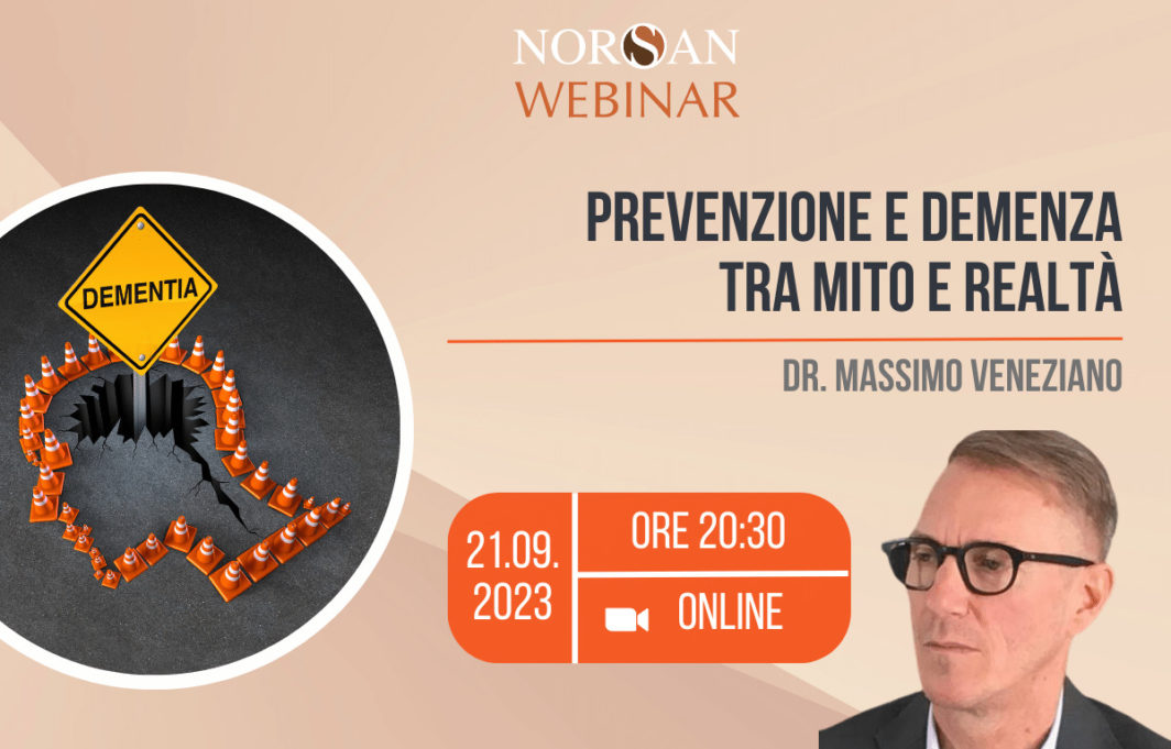 Copertina webinar: cartello con scritta dementia, info evento e foto profilo del Dr. Veneziano