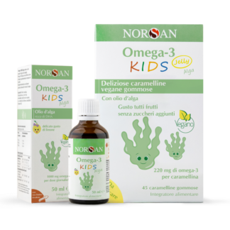 Packshot della NORSAN Omega-3 KIDS Alga Combo, a sinistra bottiglia di Omega-3 KIDS Alga, a destra Omega-3 KIDS Jelly Alga