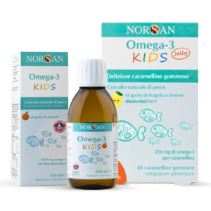 Packshot della NORSAN Omega-3 KIDS Combo, a sinistra bottiglia di Omega-3 KIDS, a destra Omega-3 KIDS Jelly
