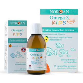 Packshot della NORSAN Omega-3 KIDS Combo, a sinistra bottiglia di Omega-3 KIDS, a destra Omega-3 KIDS Jelly