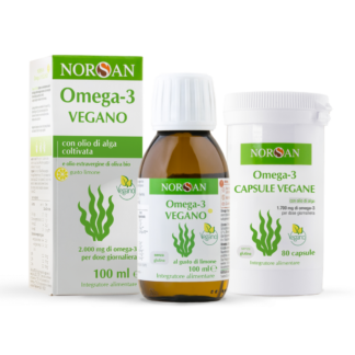 Packshot della NORSAN Omega-3 Vegano Combo, a sinistra bottiglia di Omega-3 Vegano, a destra Omega-3 Capsule Vegane