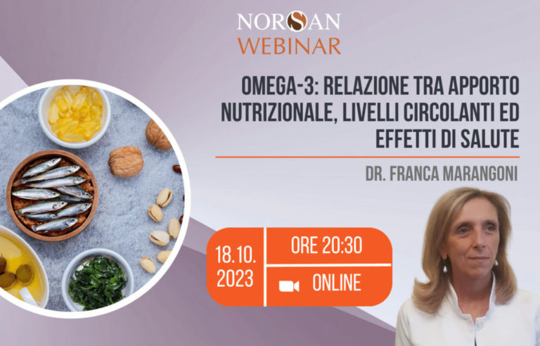 Copertina webinar: cibo con omega-3, info evento e foto profilo della Dr. Franca Marangoni