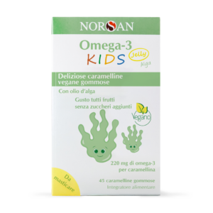 Packshot Norsan Omega 3 KIDS Jelly Alga con bollino arancione "novità"