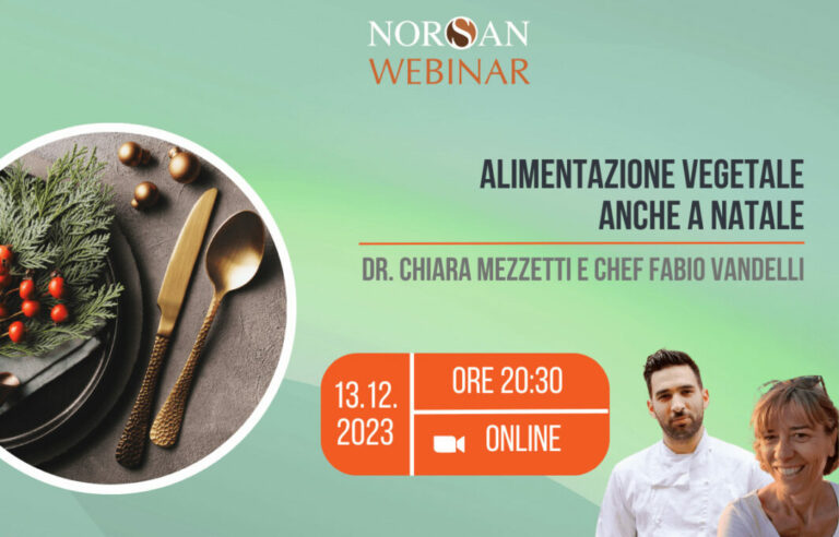 Copertina webinar sugli omega-3: a sinistra decorazione della tavola di Natale a sinistra, sulla destra info evento e foto profilo di Dr. Mezzetti e chef Vandelli