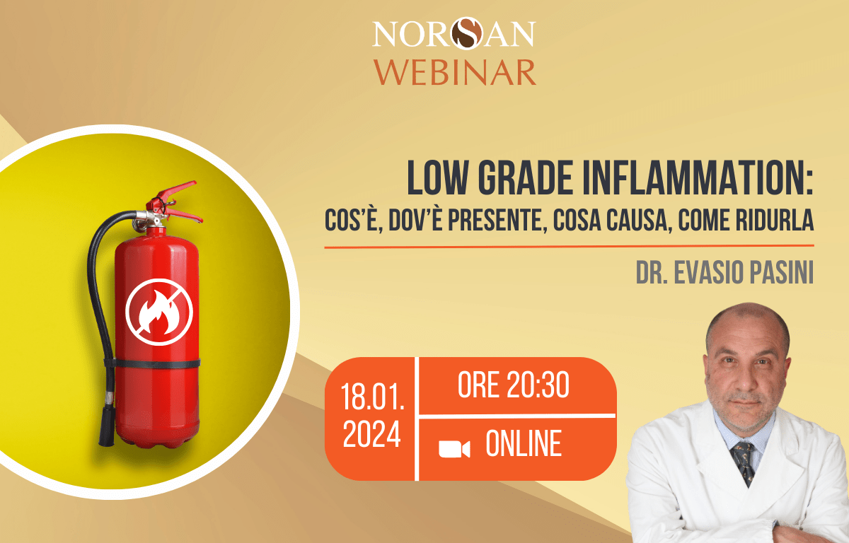 Copertina webinar Low Grade Inflammation. Foto estintore, info evento e foto profilo del Dr. Evasio Pasini