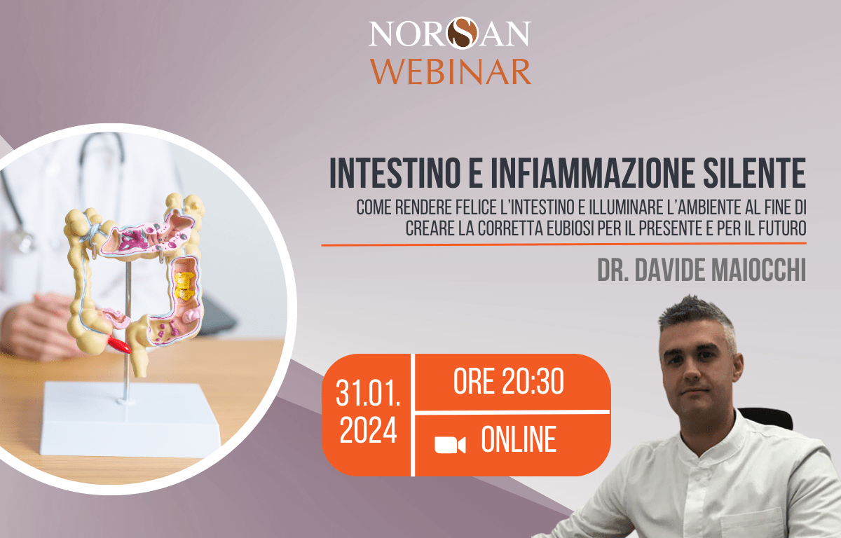 Copertina webinar: Intestino e Infiammazione, foto intestino, info evento e foto profilo del Dr. Davide Maiocchi