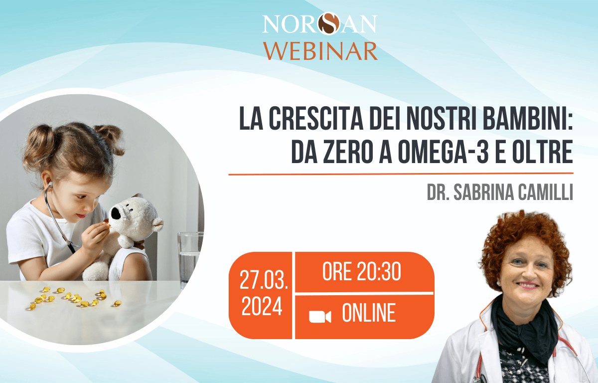 Copertina webinar: Grafica di una bambina che esamina un orsacchiotto con uno stetoscopio, info evento e foto profilo della Dr. Camilli