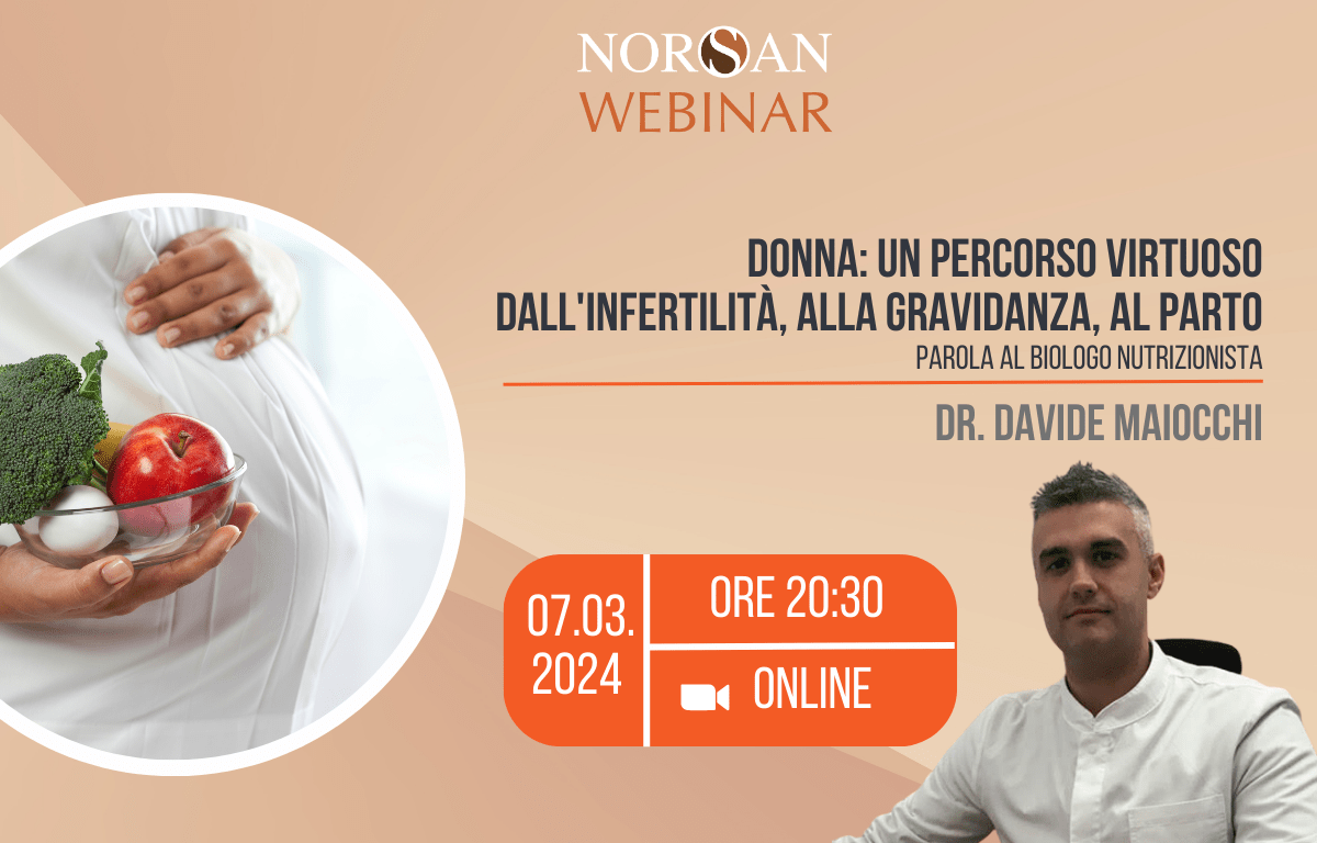 Copertina webinar: Grafica di un pancione e una mano con piccola ciotola piena di cibo sano, info evento e foto profilo del Dr. Maiocchi