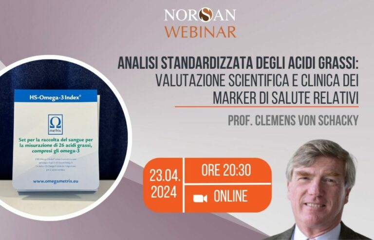 Copertina webinar: packshot del kit di analisi acidi grassi, info evento e foto profilo del prof. von Schacky