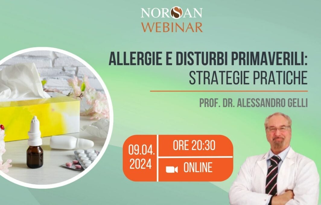 Copertina webinar: Grafica fazzoletti, fiori medicina contro le allergie, info evento e foto profilo del Prof. Alessandro Gelli