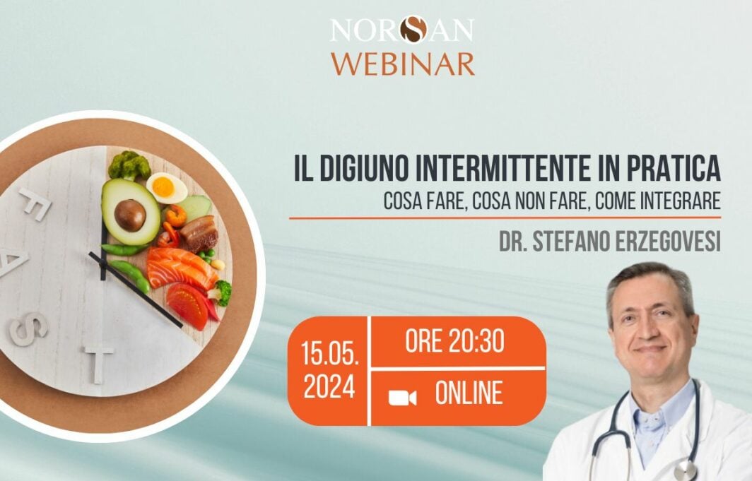 Copertina webinar: Grafica di un orologio con cibo, info evento e foto profilo del Dr. Erzegovesi