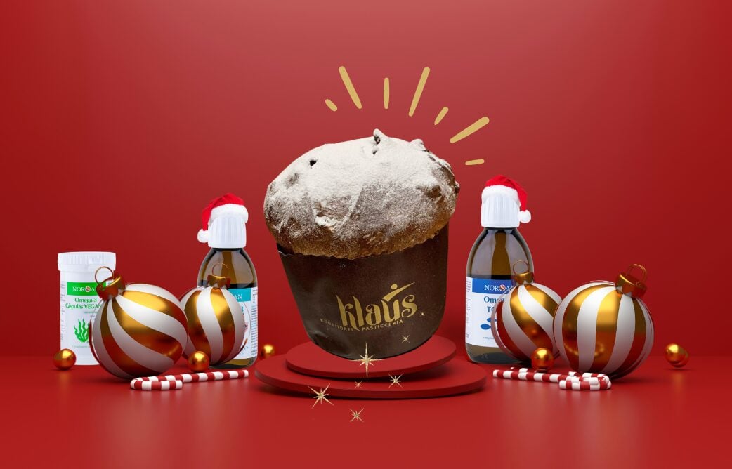 Banner promozione: panettone, prodotti omega-3 e palline di natale